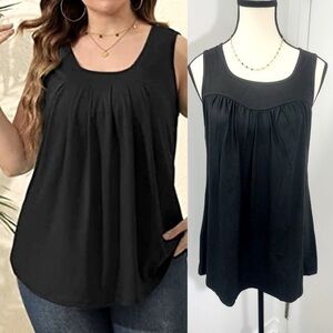 Rirow Women's Black Summer Tank Loose Fit Pleated Square Neck Sleeveless S